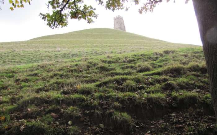 Tor, Glastonbury, England. Pathways of the labyrinth visible as horizontal lines.